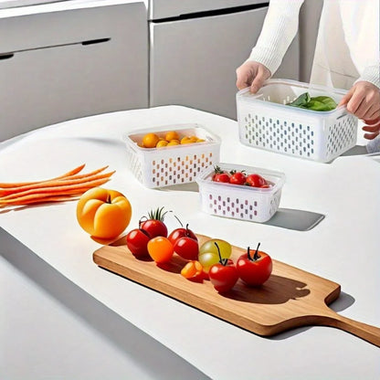 FreshRoots Produce Saver Set — 4-Piece Fridge Storage with Drain Baskets