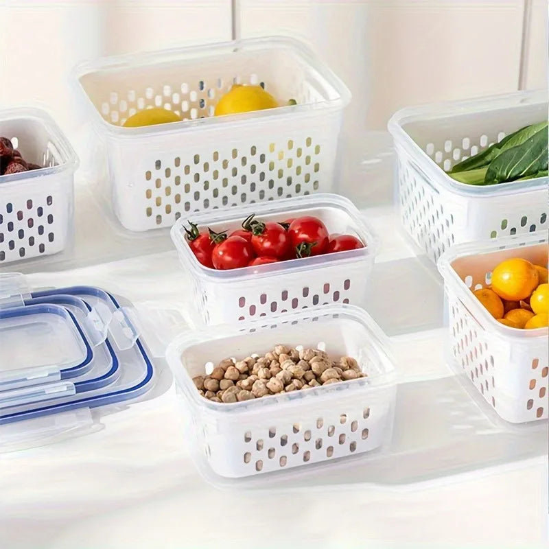 FreshRoots Produce Saver Set — 4-Piece Fridge Storage with Drain Baskets