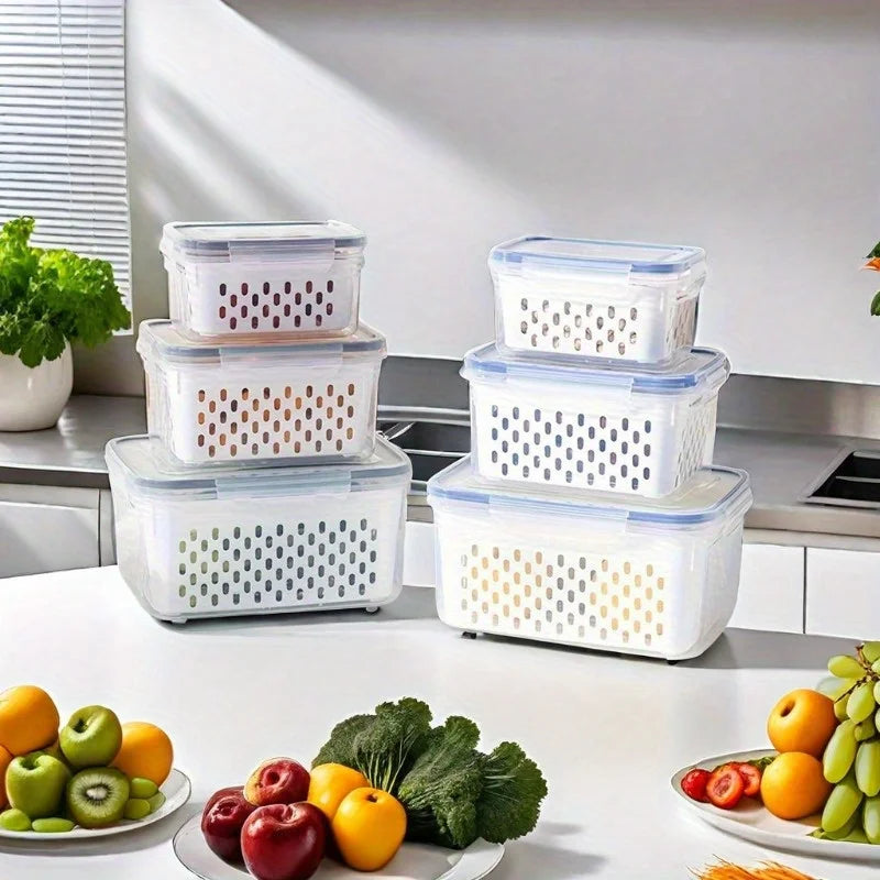 FreshRoots Produce Saver Set — 4-Piece Fridge Storage with Drain Baskets