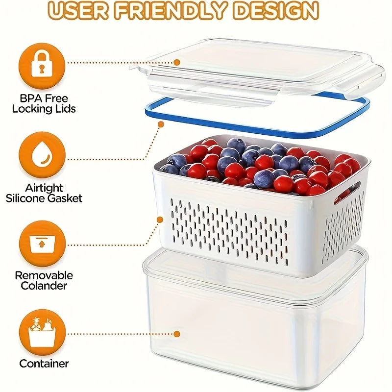 FreshRoots Produce Saver Set — 4-Piece Fridge Storage with Drain Baskets